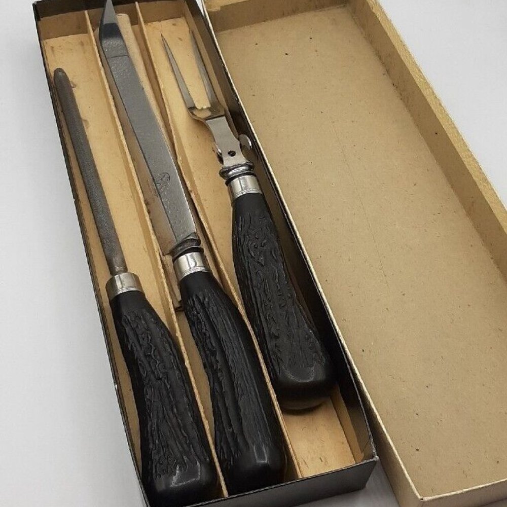 Vintage Old Forge Steel Carving Knife Meat Fork & Sharpen Set W Black Handles